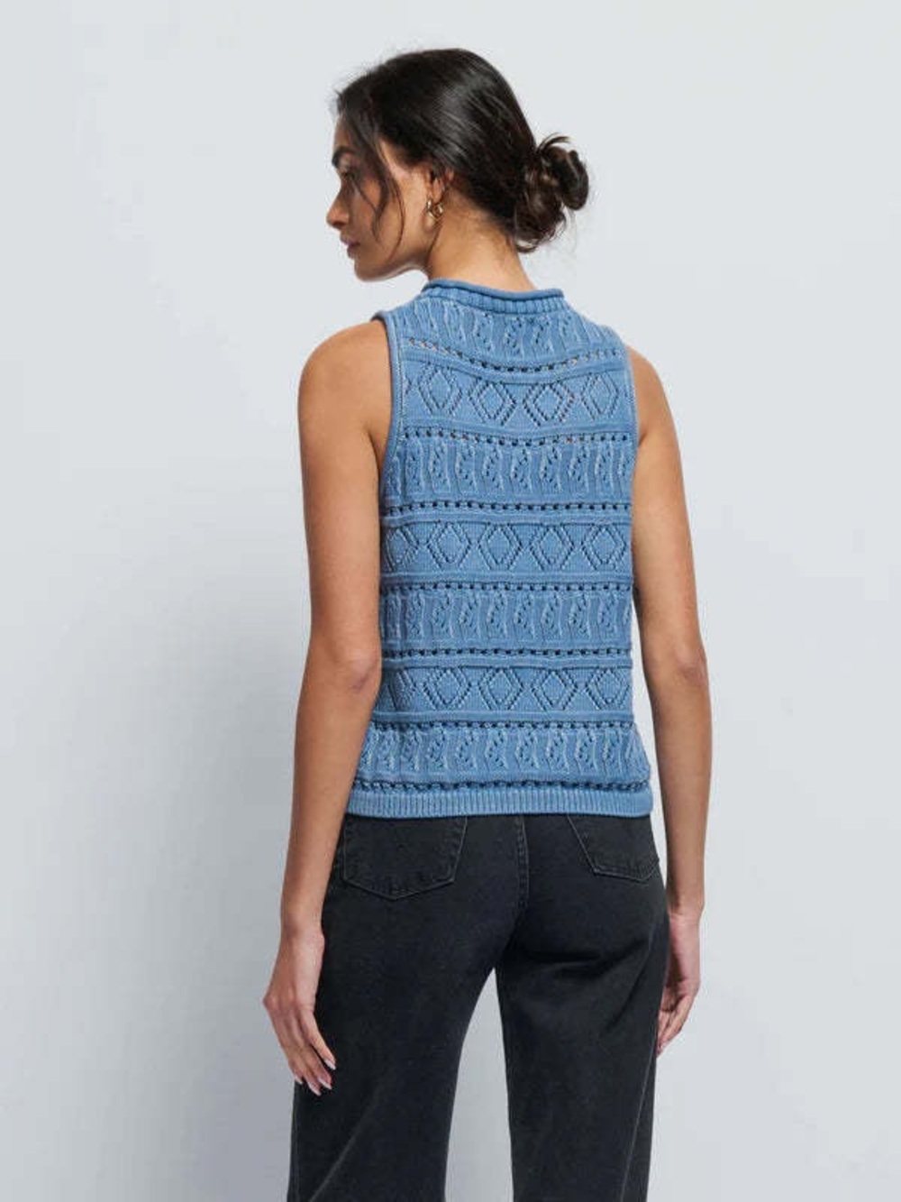 Nation LTD Lina Pointelle Sleeveless Sweater Vest Faded Denim Size M - Picture 4 of 10